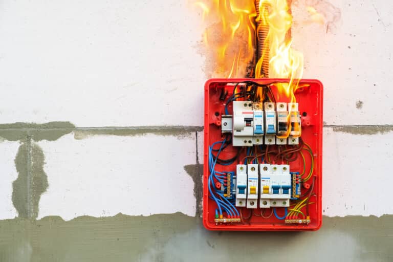 Burning switchboard from overload or short circuit on wall