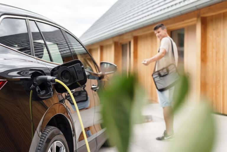 Man charging an electric car, entering the home, locking the vehicle