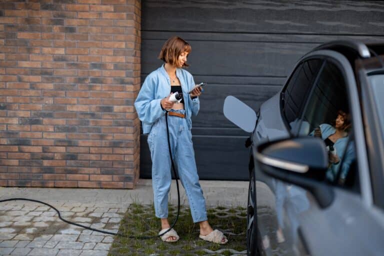 Woman charges her electric car near a house
